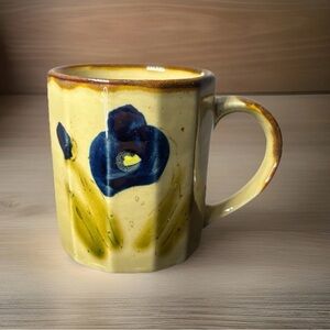 Vintage Brown Speckled Stoneware Blue Flower Octagon Coffee Mug Cup Retro 1970s